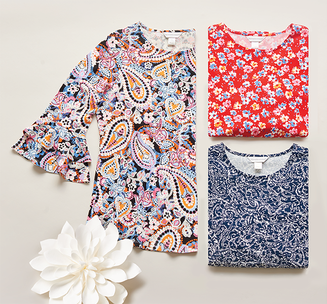 A selection of beautiful prints, from paisley to floral, in elegant, comfortable style.