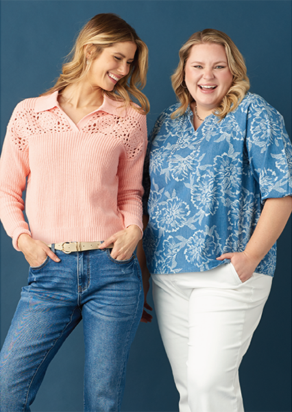 Christopher & Banks Tops: Featuring vibrant and versatile tops, including a blue crochet collar sweater and a blue printed split neck blouse!