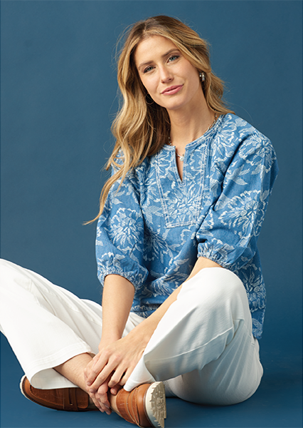 Christopher & Banks "Shades of Blue" Collection: A collection of soft and bold blues, featuring a blue printed split neck blouse!