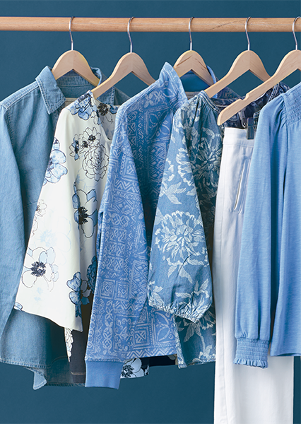 Christopher & Banks "Shades of Blue" Collection: Featuring a variety of blue clothing, including a navy floral print square neck top, a blue patchwork print sweatshirt, a blue printed split neck blouse, and a blue shirring detail top!