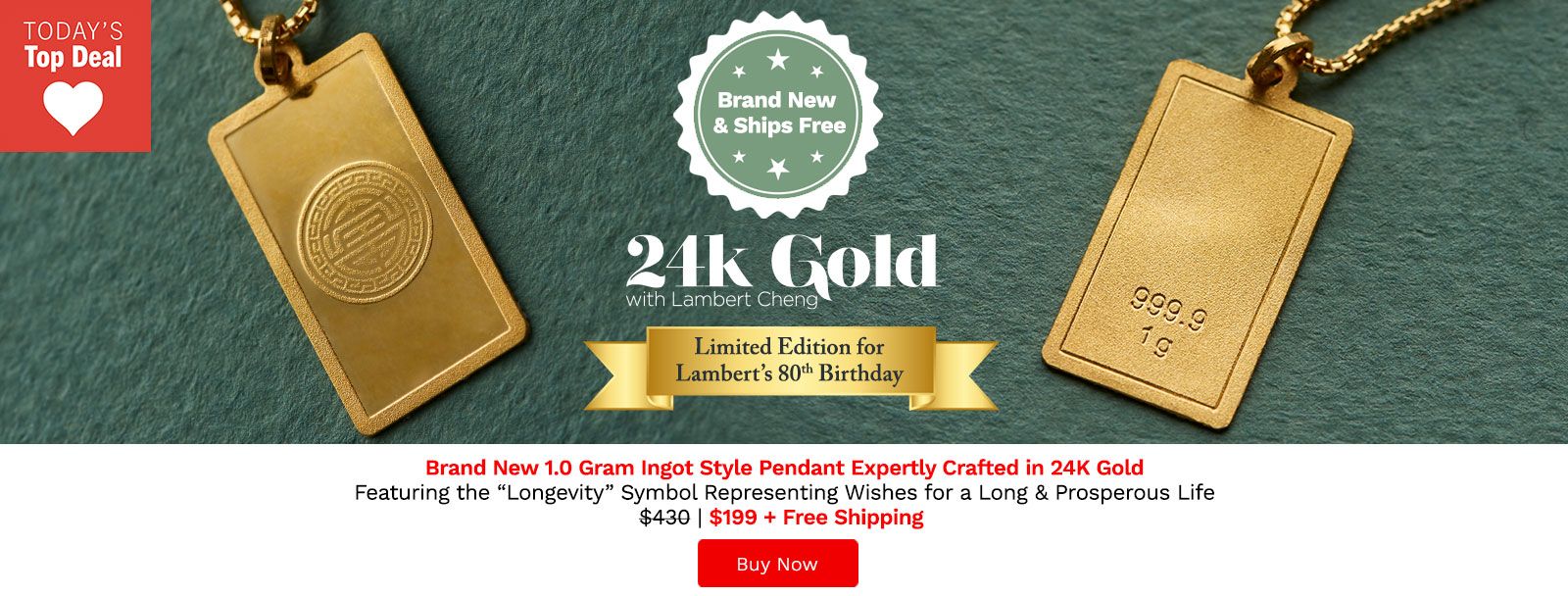 212-361 Lambert Cheng 24K Gold 1.0 Gram Longevity Ingot Style Pendant