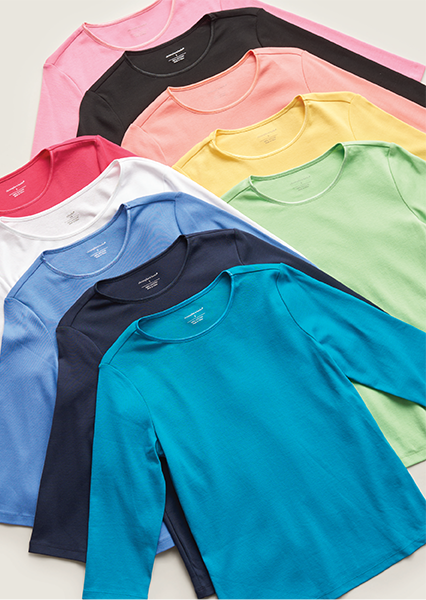 A colorful display of Christopher & Banks' most seasonal spring tees from soft pinks and delicate yellows to rich blues: from sky to navy.