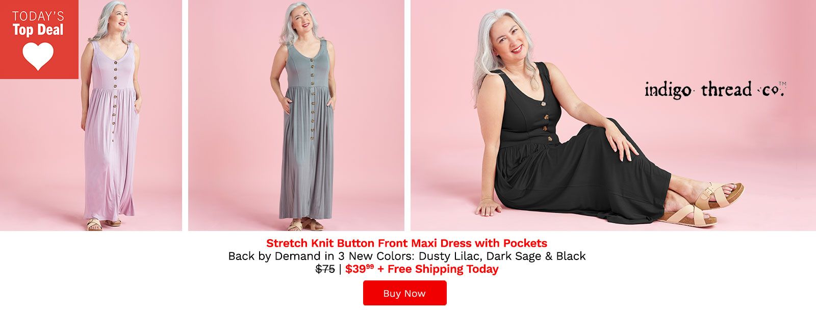 768-378 Indigo Thread Co.™ Stretch Knit Button Front 2-Pocket Maxi Dress