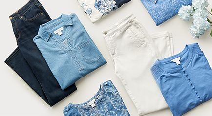 A lovely display of our tops and bottoms: denim, prints, pants, and more!