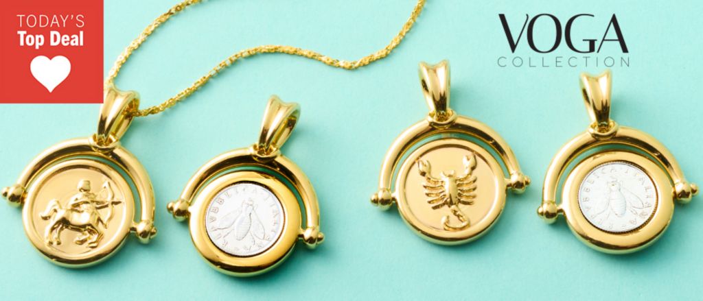 216-173 VOGA Collection 18K Gold Electroform Zodiac & Genuine Lira Coin Pendant