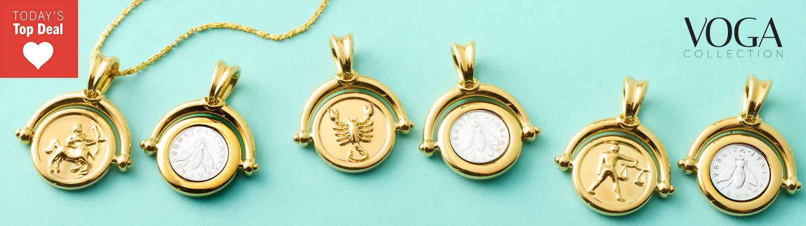 216-173 VOGA Collection 18K Gold Electroform Zodiac & Genuine Lira Coin Pendant