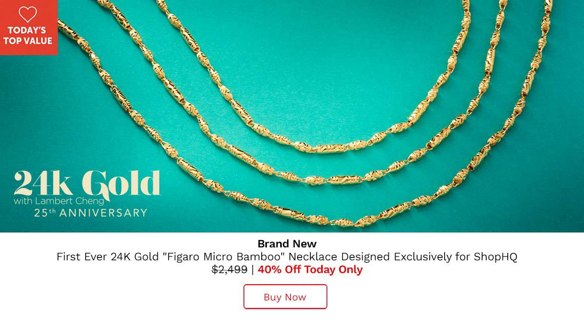 205-814 Lambert Cheng 24K Gold Tubing Micro Bamboo & Barrel Bead Figaro Necklace