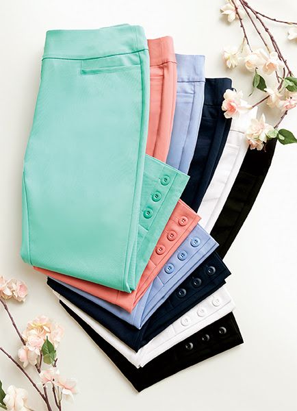 A selection of our pastel colored Signature Slimming Button Hem Capris.