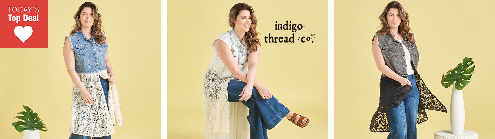762-745 Indigo Thread Co.™ Denim & Lace Raw Edge Trimmed Duster Vest
