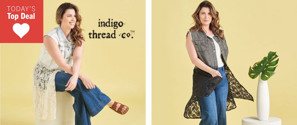 762-745 Indigo Thread Co.™ Denim & Lace Raw Edge Trimmed Duster Vest