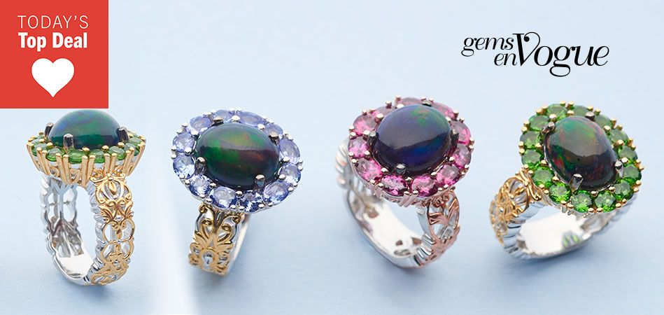 213-082 Gems en Vogue 12x10mm Oval Ethiopian Black Opal & Choice of Gemstone Ring
