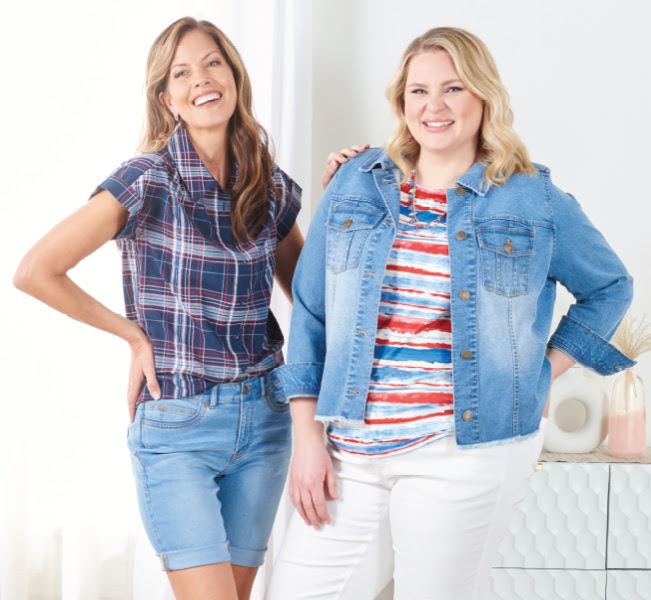 A duo of blended styles featuring denim, plaid, shorts, pants, and coats.