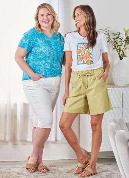 A duo of combos: light shirts and select shorts and crops: just arrived!
