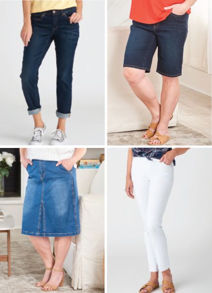 A collage of some of our select denim styles: jeans, shorts, and more.