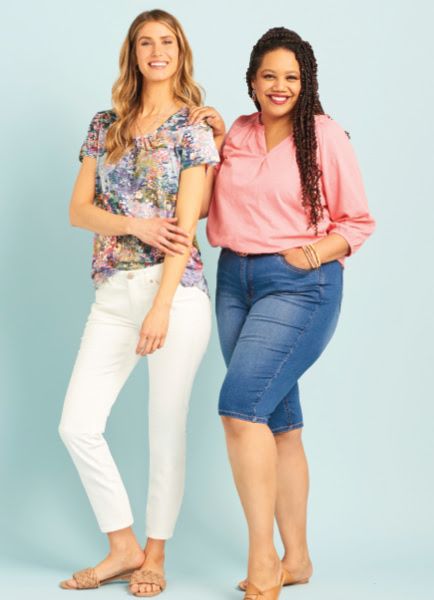A pair of our models showing off a beautiful print knit top, white pants, denim shorts, and a lovely pink shirt.
