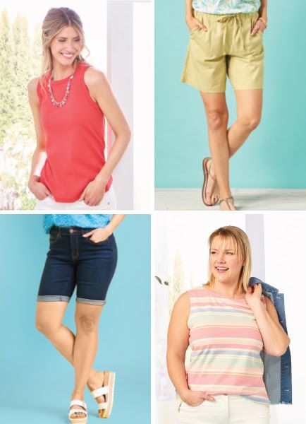 Four images of our models displaying a wide range of Summer Staples: a sleeveless tee, denim crops, shorts, and a knit top.