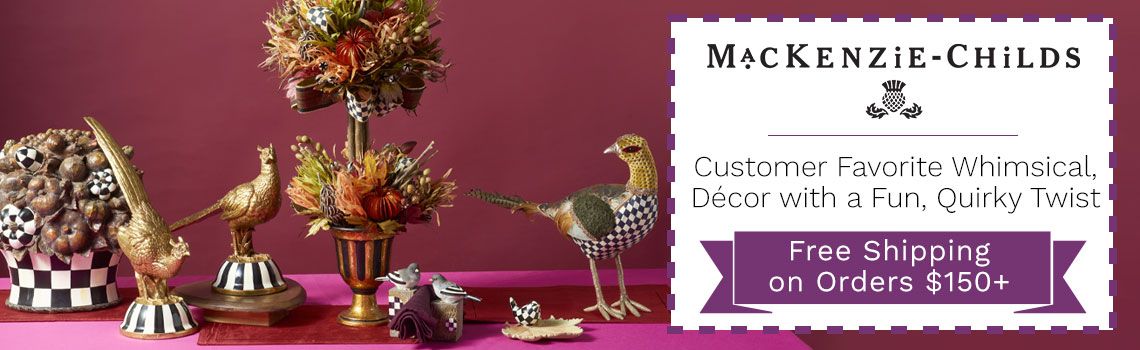 MacKenzie-Childs New Items - 521-190 Fall on the Farm Tabletop Topiary, 521-192 MacKenzie-Childs Harvest Centerpiece, 520-981 Golden Pheasants, 520-980 Courtly Birds, 520-972 Elegant, 520-977 Maple Leaf Trinket Tray