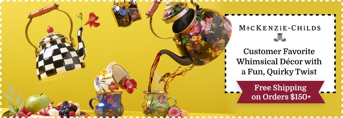467-989 MacKenzie-Childs Hand-Decorated Enamelware Tea Kettle,   488-957 MacKenzie-Childs Set of 4 (16 oz) Hand-Decorated Stainless Steel Flower Market Mugs