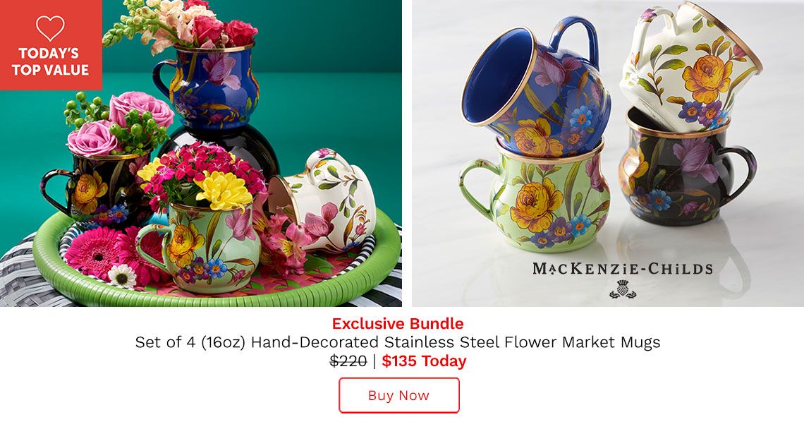 488-957 MacKenzie-Childs Set of 4 (16 oz) Hand-Decorated Stainless Steel Flower Market Mugs