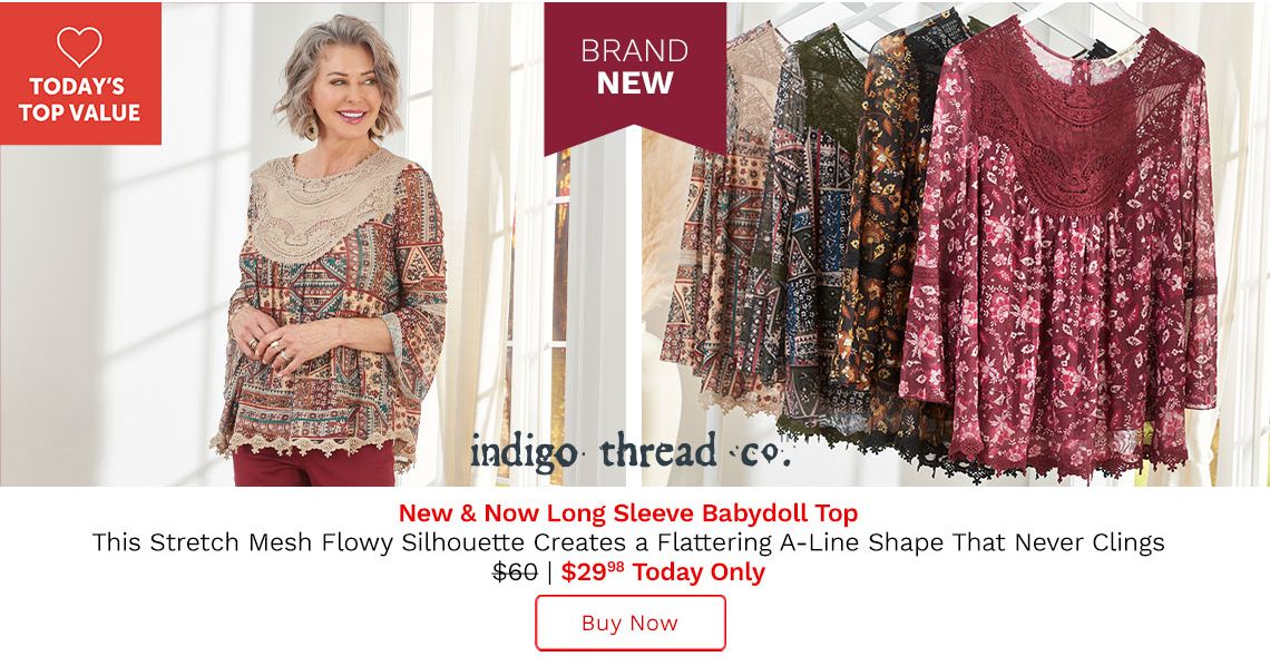 769-655 Indigo Thread Co.™ Printed Mesh Long Sleeve Babydoll Top
