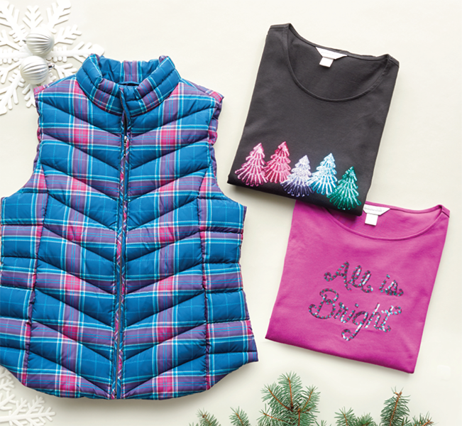 A puffy, plaid, outdoor vest along with two of our festive, holiday, perfect tees.