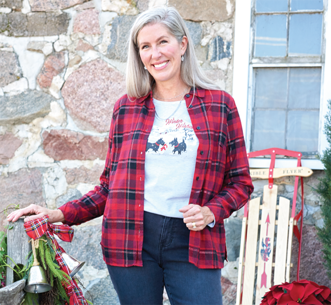 Plaid, a holiday-themed shirt, and denim is just one classic holiday combo in our collection.