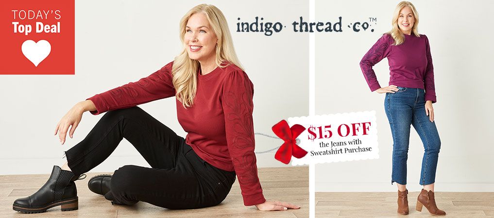 776-197 Indigo Thread Co.™ Long Sleeve Embroidered Sweatshirt & 776-262 Indigo Thread Co.™ High Rise Frayed Ankle Jeans