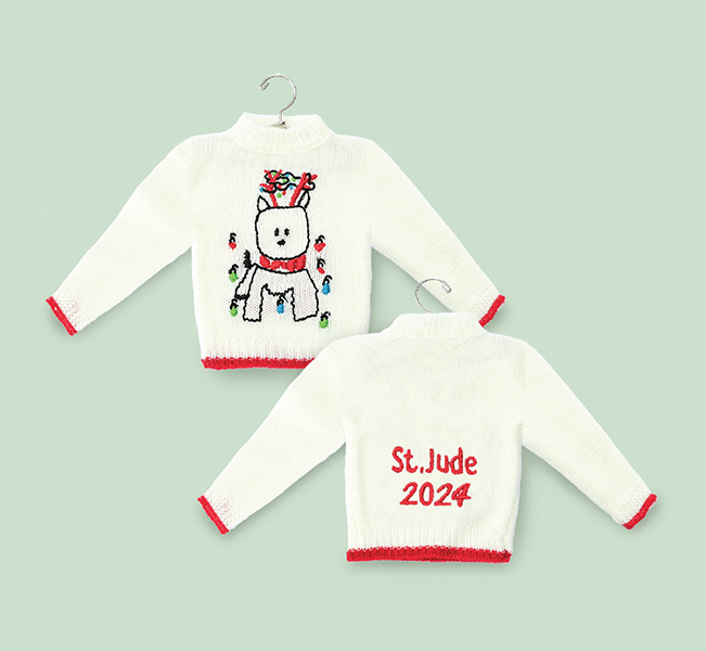 Image of the St. Jude 2024 Holiday Ornament: a sweater featuring a reindeer on one side with "St. Jude 2024" on the other.