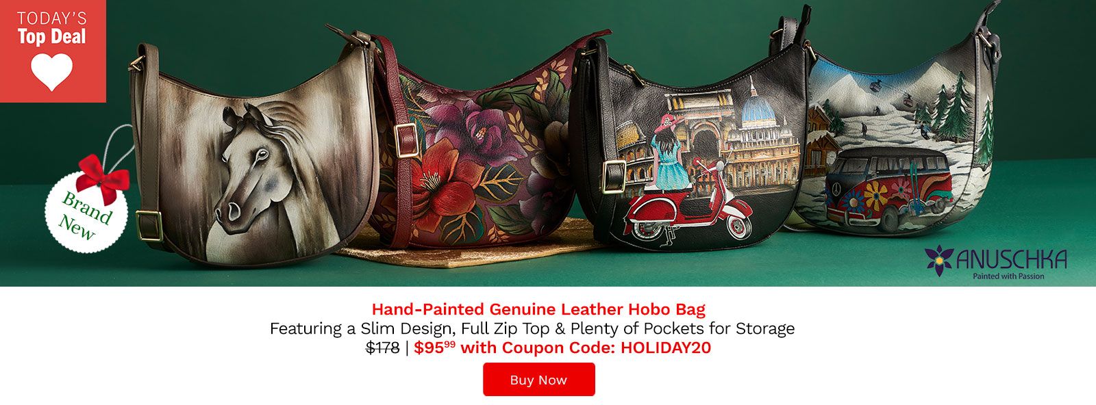 771-532 Anuschka Hand-Painted Leather Slim Zip Top Hobo Bag