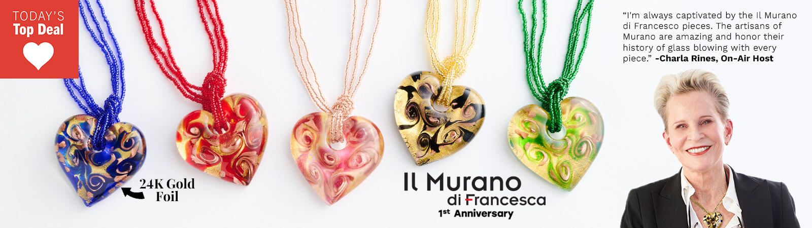 215-598 Il Murano di Francesca 52.4mm Murano Glass Heart Pendant 3-Strand Necklace