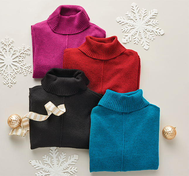 A collection of high-neck, long-sleeve, solid color sweaters for warmth and coziness this season.