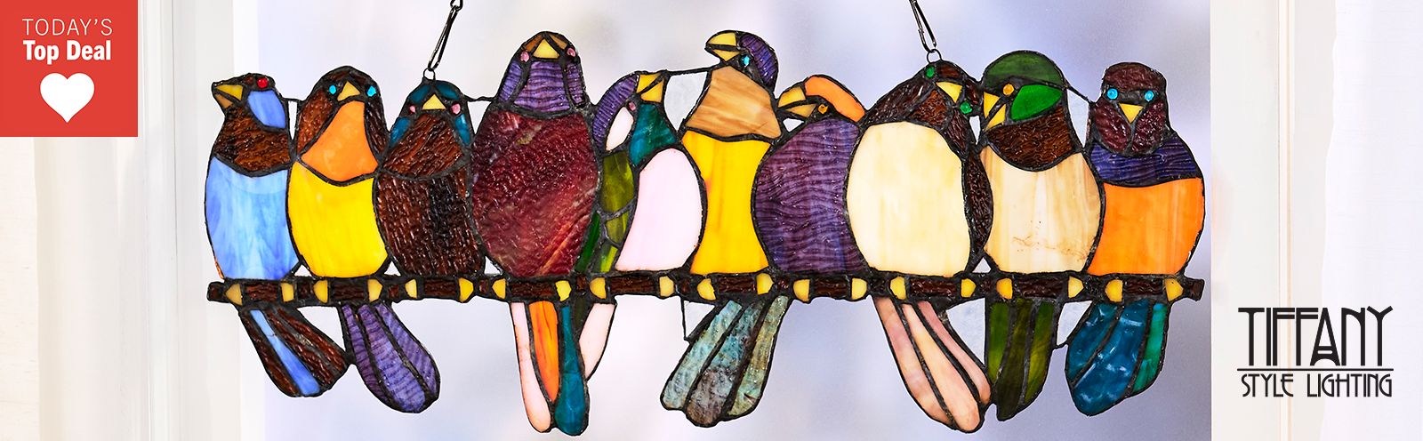 511-072 Tiffany Style 24.25 Birds on a Wire Stained Glass Window Panel