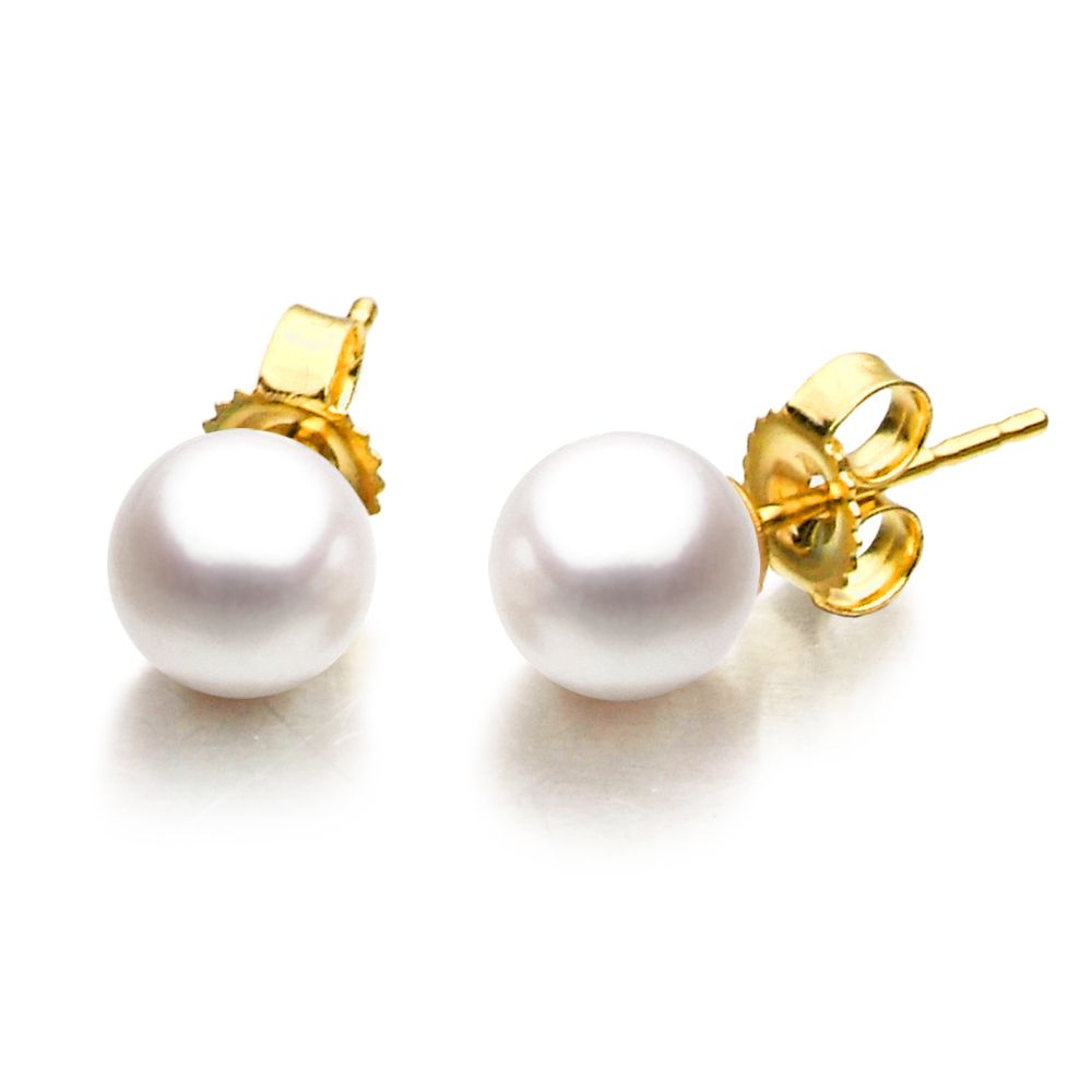 Exquisite 6mm 14K Yellow Gold Genuine Pearl Stud Earrings 