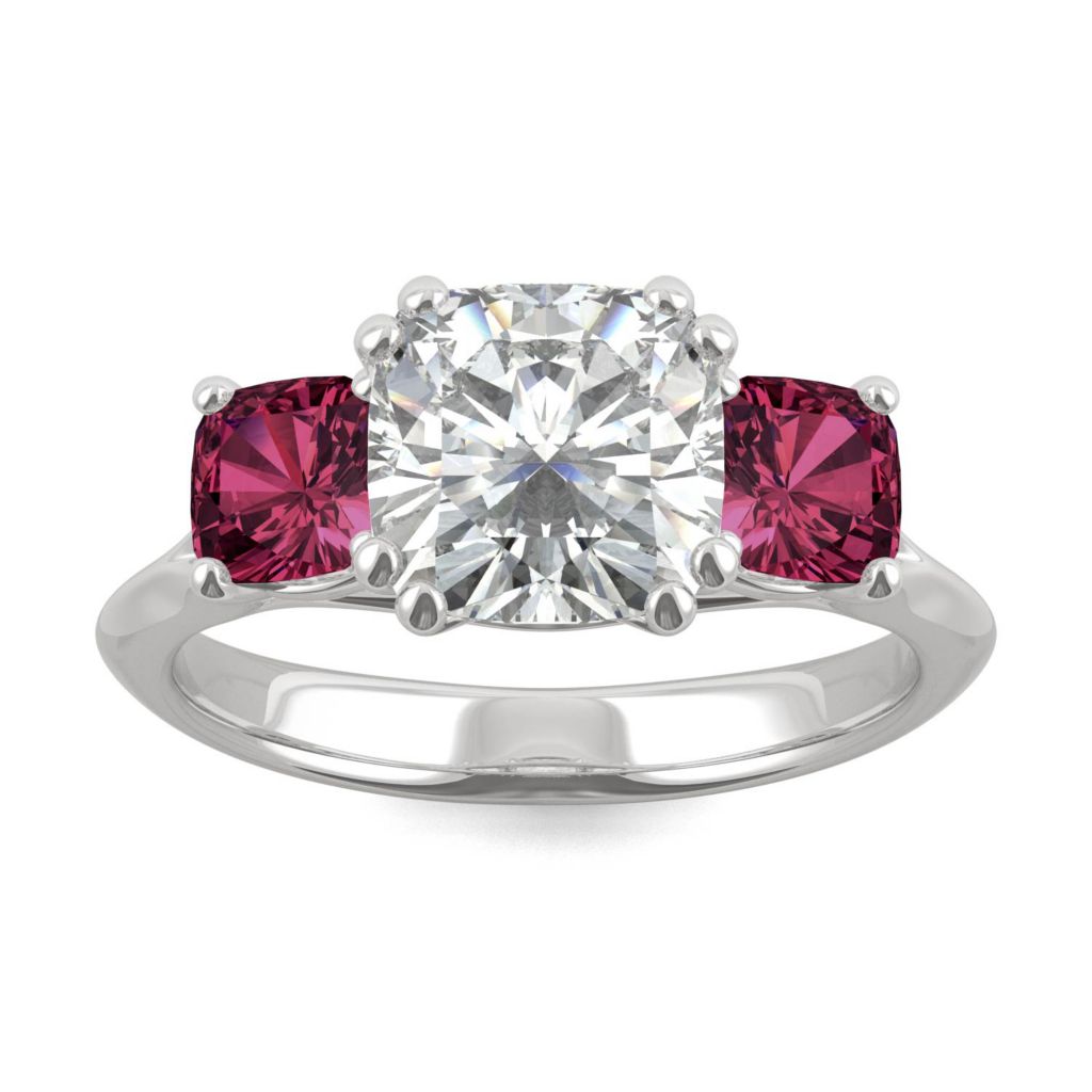 Moissanite by Charles & Colvard 14K Cushion & Lab Created Ruby 3-Stone Ring  