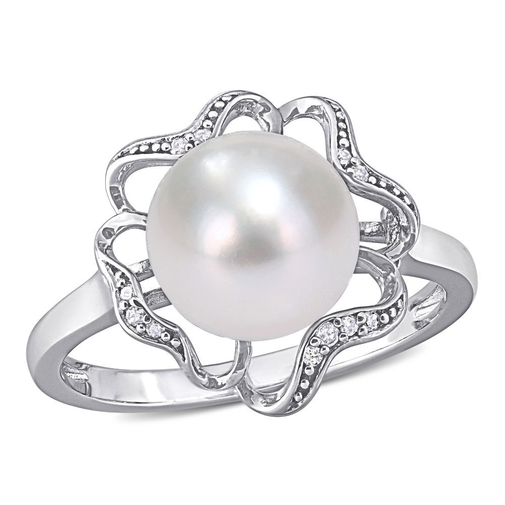 Sterling Silver Freshwater Cultured Pearl & Diamond Ring