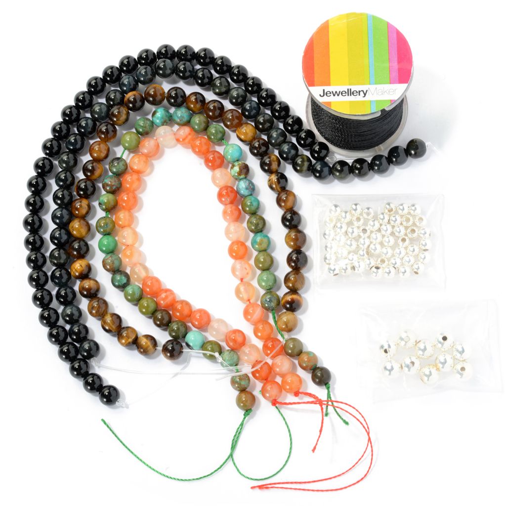 Jewellery Maker 6mm Gem Beads, Silver-Tone Beads & Nylon Cord Bracelet Kit  