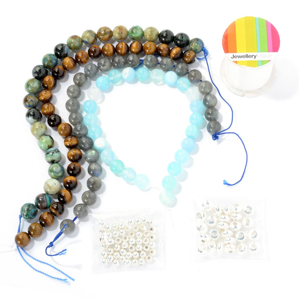 Jewellery Maker 8mm Gem Beads, Silver-tone Beads & Elastic Cord Bracelet  Kit 