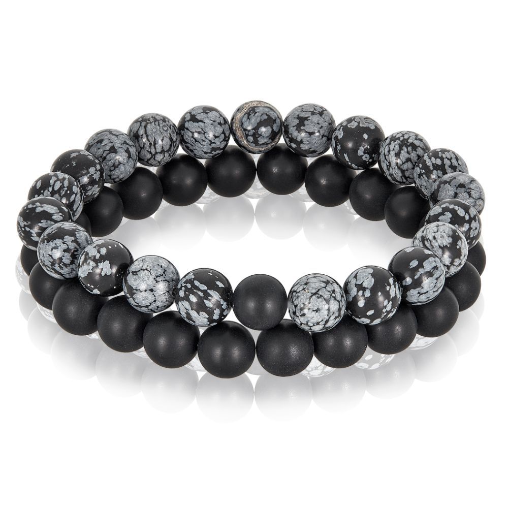 Mens Stretch Bracelet with Black Lava and Snowflake Obsidian Beads Mens Stretch Bracelet with Black Lava and Snowflake Obsidian Beads