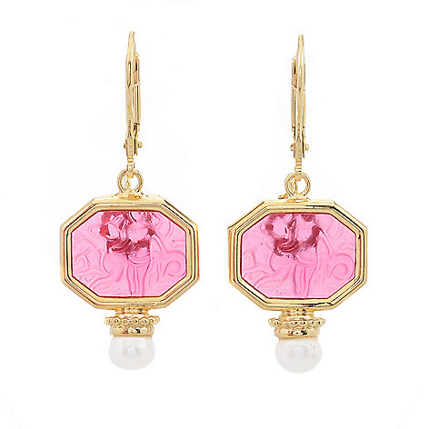 PINK CLAM SHELL rose crystal earring Bronze LEVERBACK artisan 
