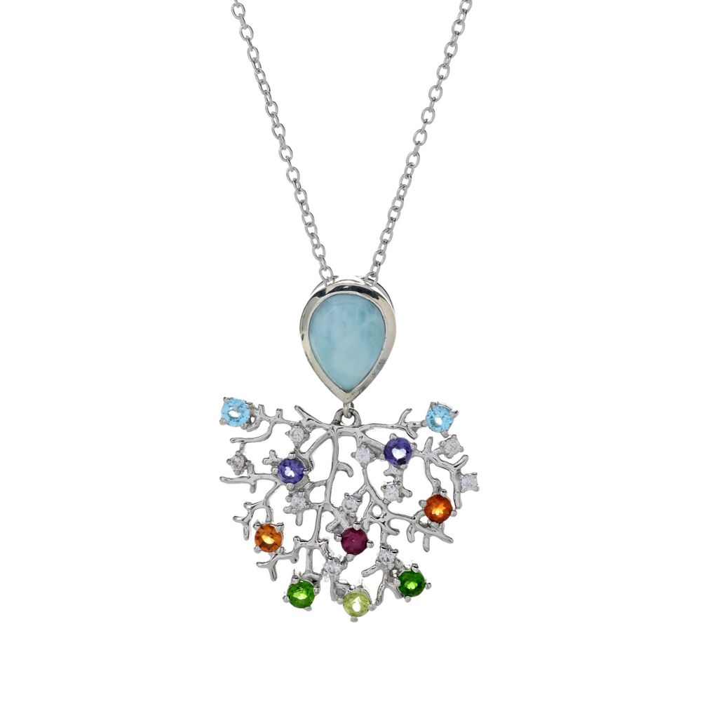 Gem Treasures®, 9x7mm Larimar, & Multi Gem, Coral Reef Pendant, w/ Chain