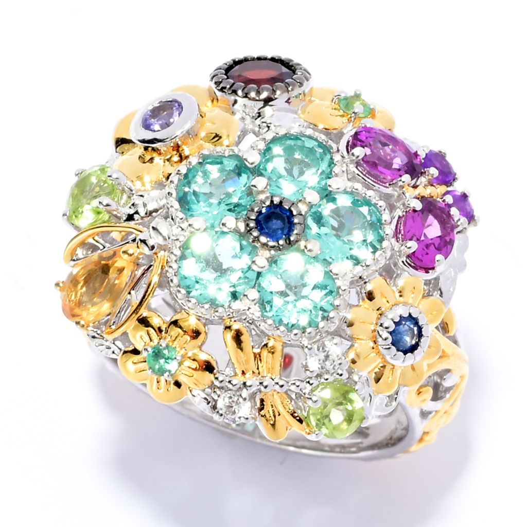 Gems en Vogue, 18K Gold Accented, 3.00ctw Multi Gem, Flower & Butterfly,  Ring