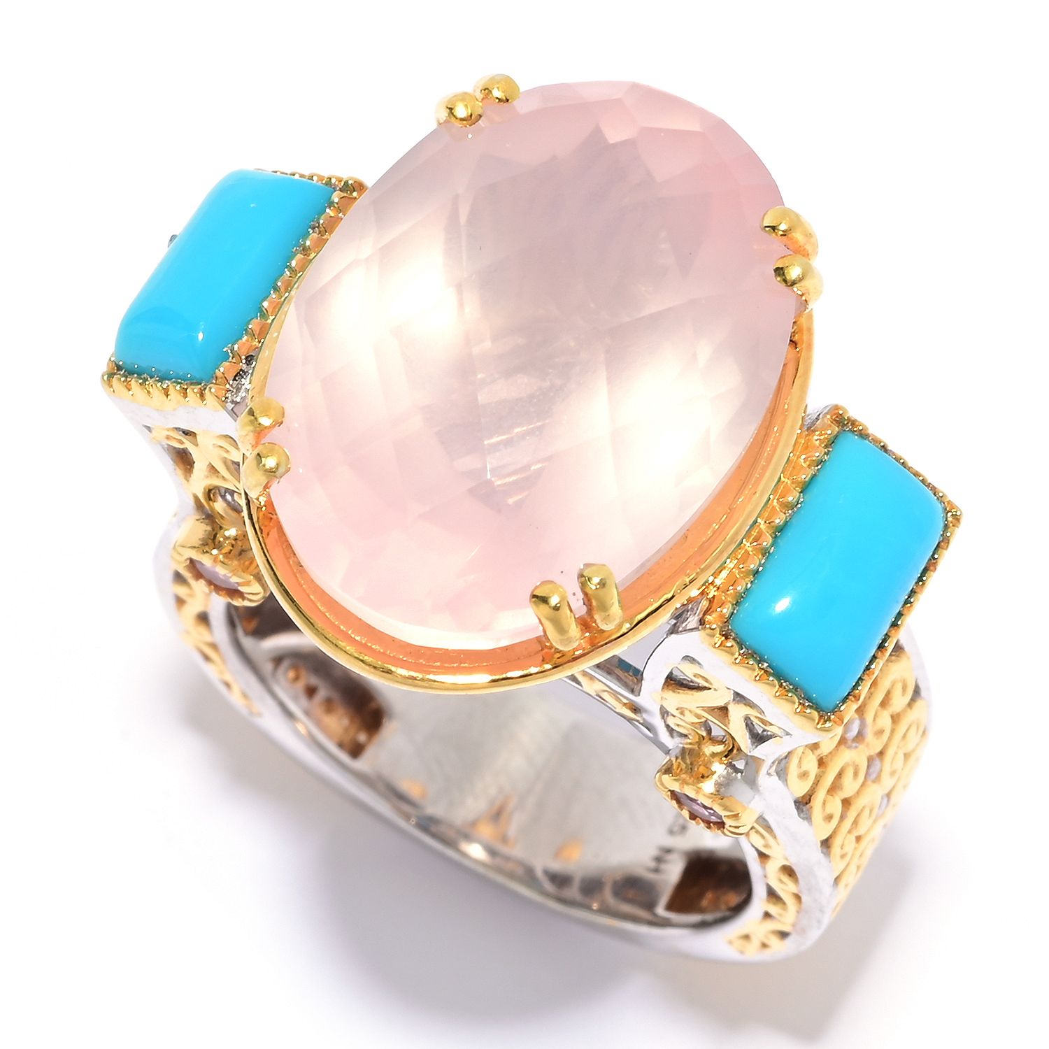 207-013- Gems en Vogue
18K Gold Accented
Rose Quartz &
Sleeping Beauty
Turquoise Ring