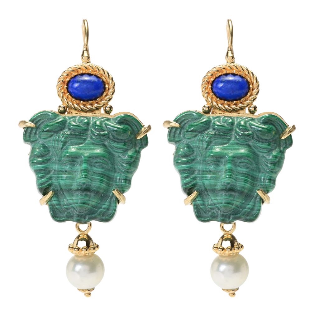 Tagliamonte Malachite Medusa Cameo, Cultured Pearl & Lapis Drop Earrings