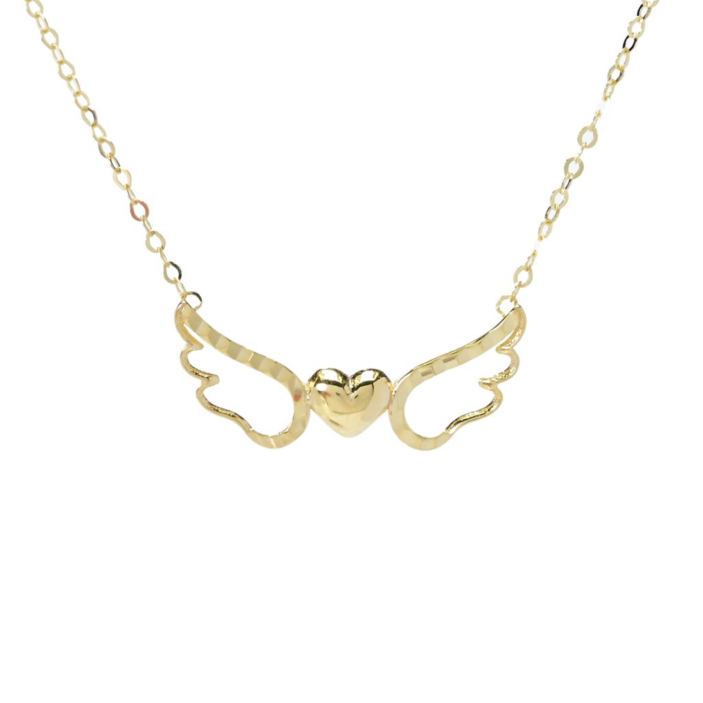 Stefano Oro 14K Gold Heart Wings 18 Flat Rolo Necklace 