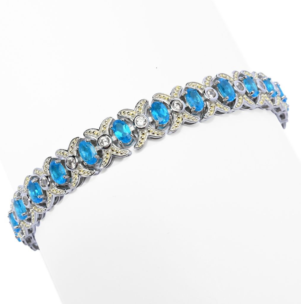 Store Neon Blue Apatite Sterling Silver Tennis Bracelet Chain Link Gemstone Bracelet Vintage Jewelry