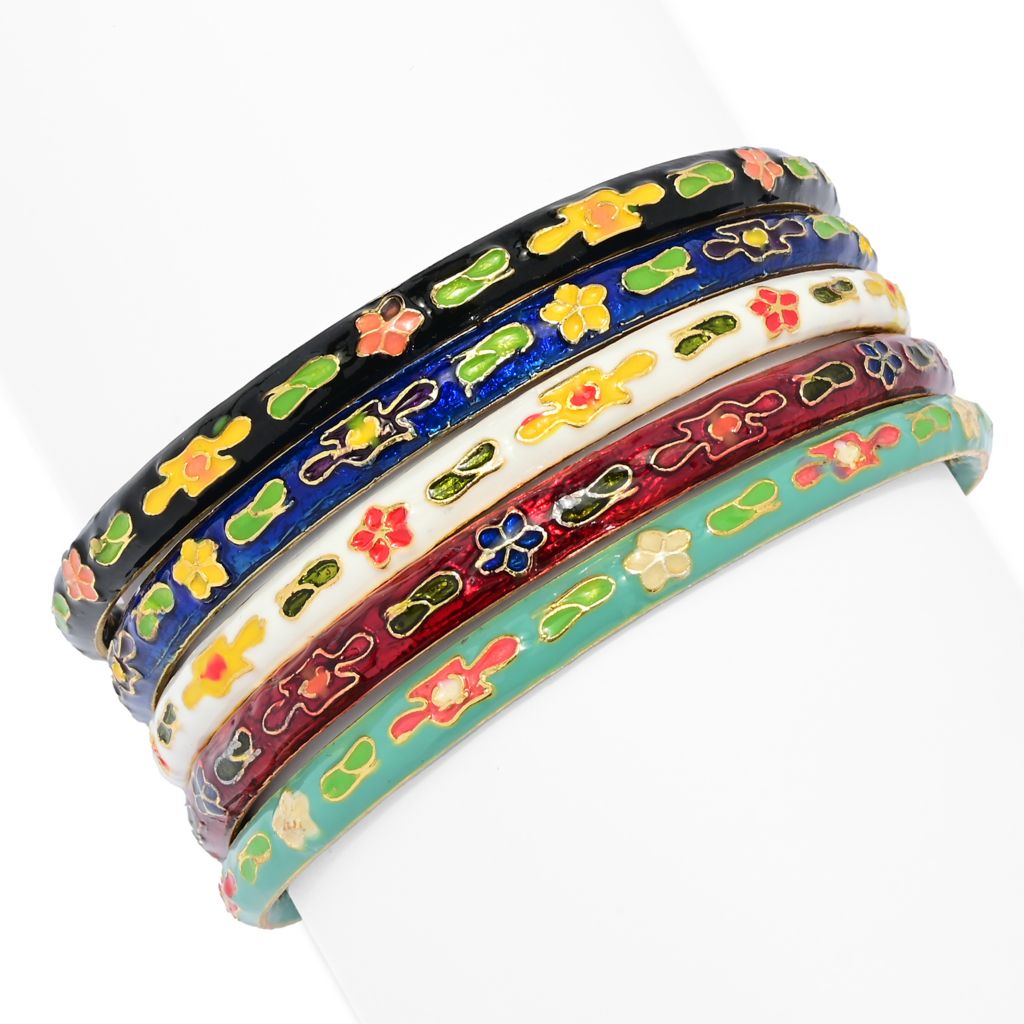 Far East Jewelry Set of Five Cloisonne Bangle Bracelets w Drawstring Pouch ShopHQ