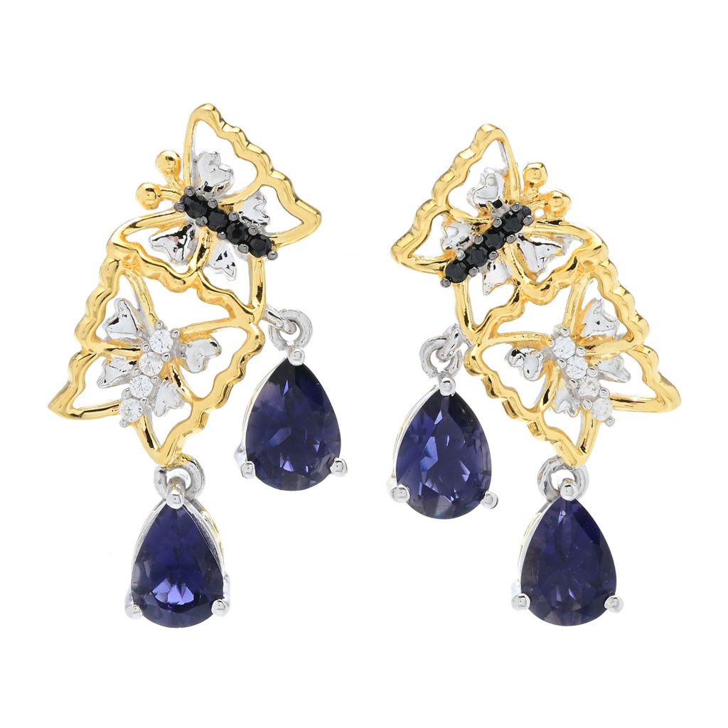 Iolite Studs Earrings, 'Water Sapphire', with Cubic Zirconia, Natural Gemstone, Gold factory Plated Sterling Silver Earrings