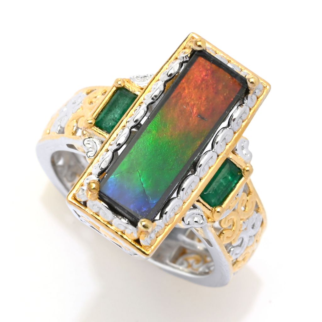 Ammolite. Pair top of Emerald Cut Canadian Ammolite set in 14k White Gold