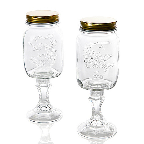 Gibson Boogaloo 2 Piece Mason Jar Stemmed Wine Glass Set Drinking Jar Lid 