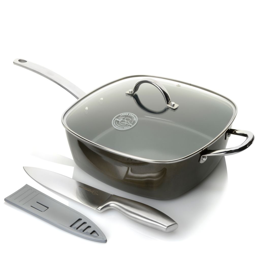 As Is Todd English 2nd Anniversary Ed. Ceramic Nonstick 11 Covered Square  Pan w/ 8 Chef's Knife 